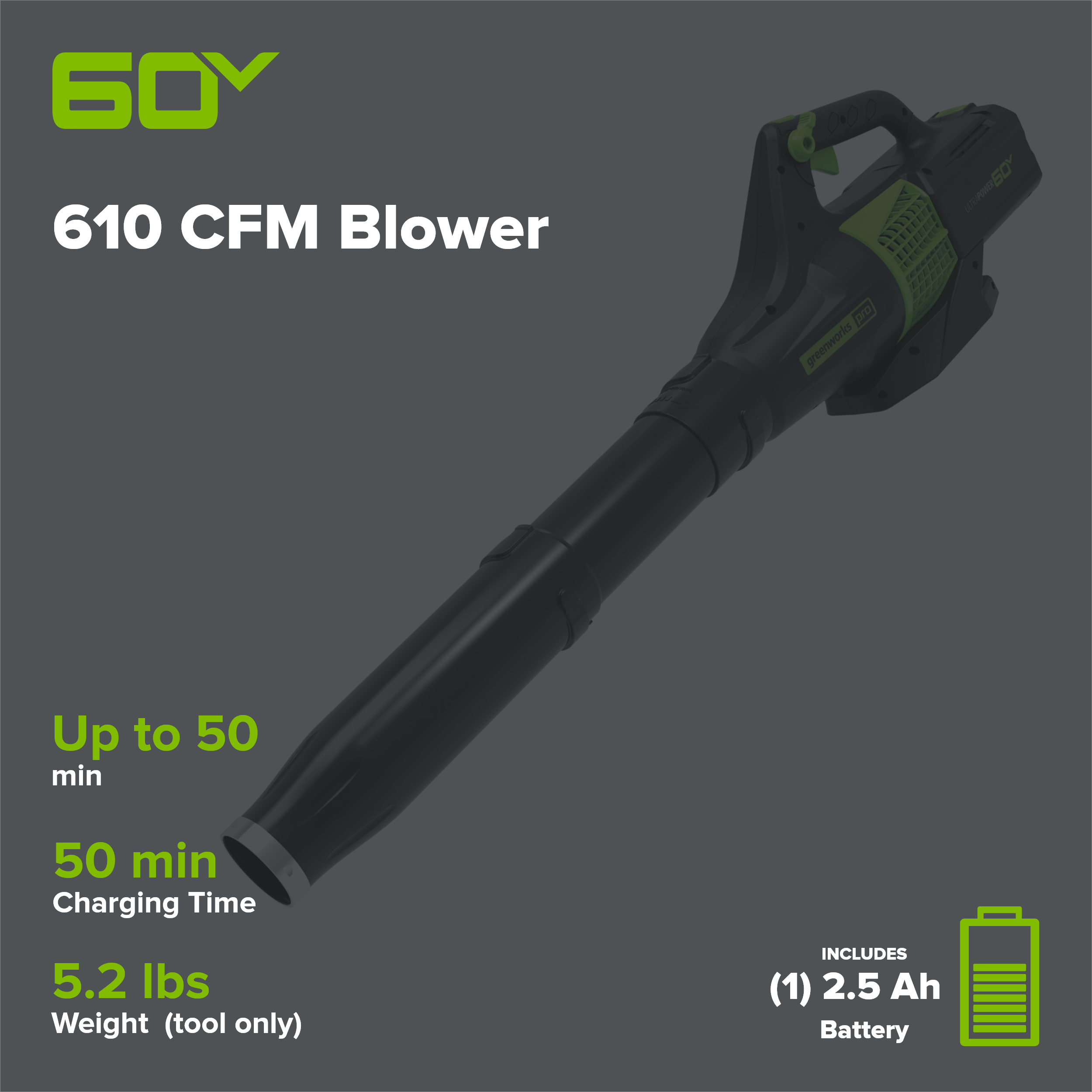 60V 610 CFM Cordless Battery Leaf Blower w/ 2.5Ah Battery & Charger