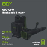 80V 690 CFM Cordless Battery Dual-Port Backpack Blower: (2) 4.0 Ah Batteries and Dual-Port Rapid Charger
