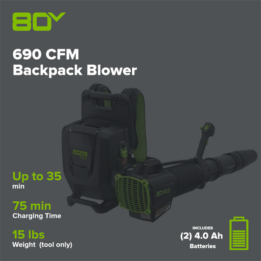 80V 690 CFM Cordless Battery Dual-Port Backpack Blower: (2) 4.0 Ah Batteries and Dual-Port Rapid Charger