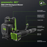 80V 690 CFM Cordless Battery Dual-Port Backpack Blower: (2) 4.0 Ah Batteries and Dual-Port Rapid Charger
