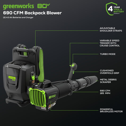 80V 690 CFM Cordless Battery Dual-Port Backpack Blower: (2) 4.0 Ah Batteries and Dual-Port Rapid Charger