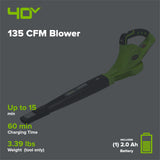 40V 135 CFM Cordless Battery Leaf Blower: 2.0 Ah Battery and Charger