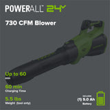 40V 730 CFM Cordless Battery Leaf Blower: 5.0 Ah Battery and 5A Charger