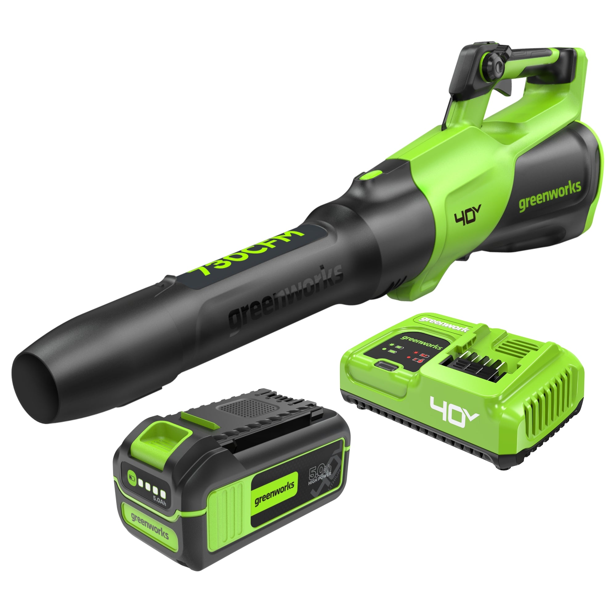 40V 730 CFM Cordless Battery Leaf Blower: 5.0 Ah Battery and 5A Charger