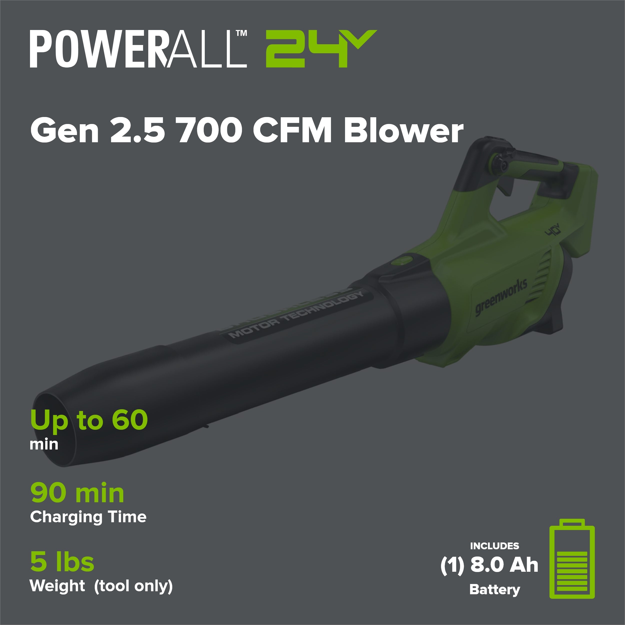 40V Gen 2.5 700 CFM Cordless Battery Brushless Leaf Blower, 8.0 Ah Battery and Charger