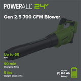 40V Gen 2.5 700 CFM Cordless Battery Brushless Leaf Blower, 8.0 Ah Battery and Charger