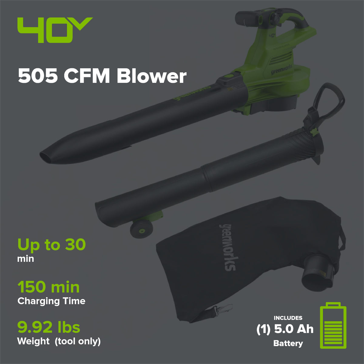 40V 505 CFM Cordless Battery Leaf Blower/Vacuum: 5.0 Ah Battery and Charger
