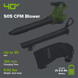40V 505 CFM Cordless Battery Leaf Blower/Vacuum: 5.0 Ah Battery and Charger