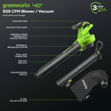 40V 505 CFM Cordless Battery Leaf Blower/Vacuum: 5.0 Ah Battery and Charger