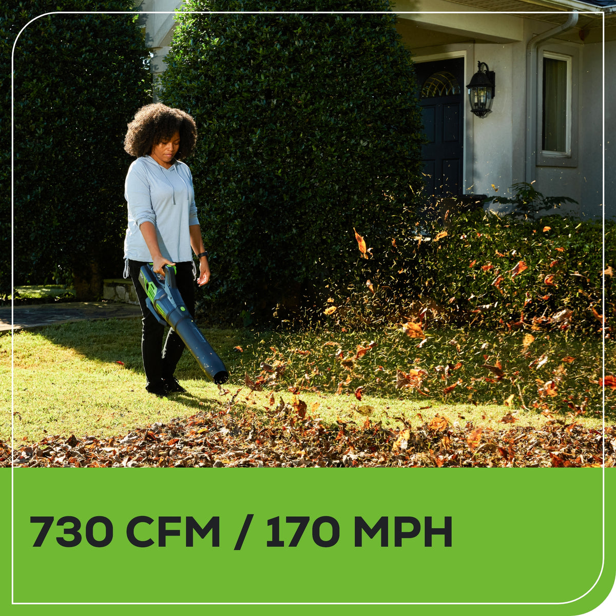 RENEWED 80V 730 CFM Cordless Battery Leaf Blower, Extra Shoulder Strap: 2.5 Ah Battery and Rapid Charger