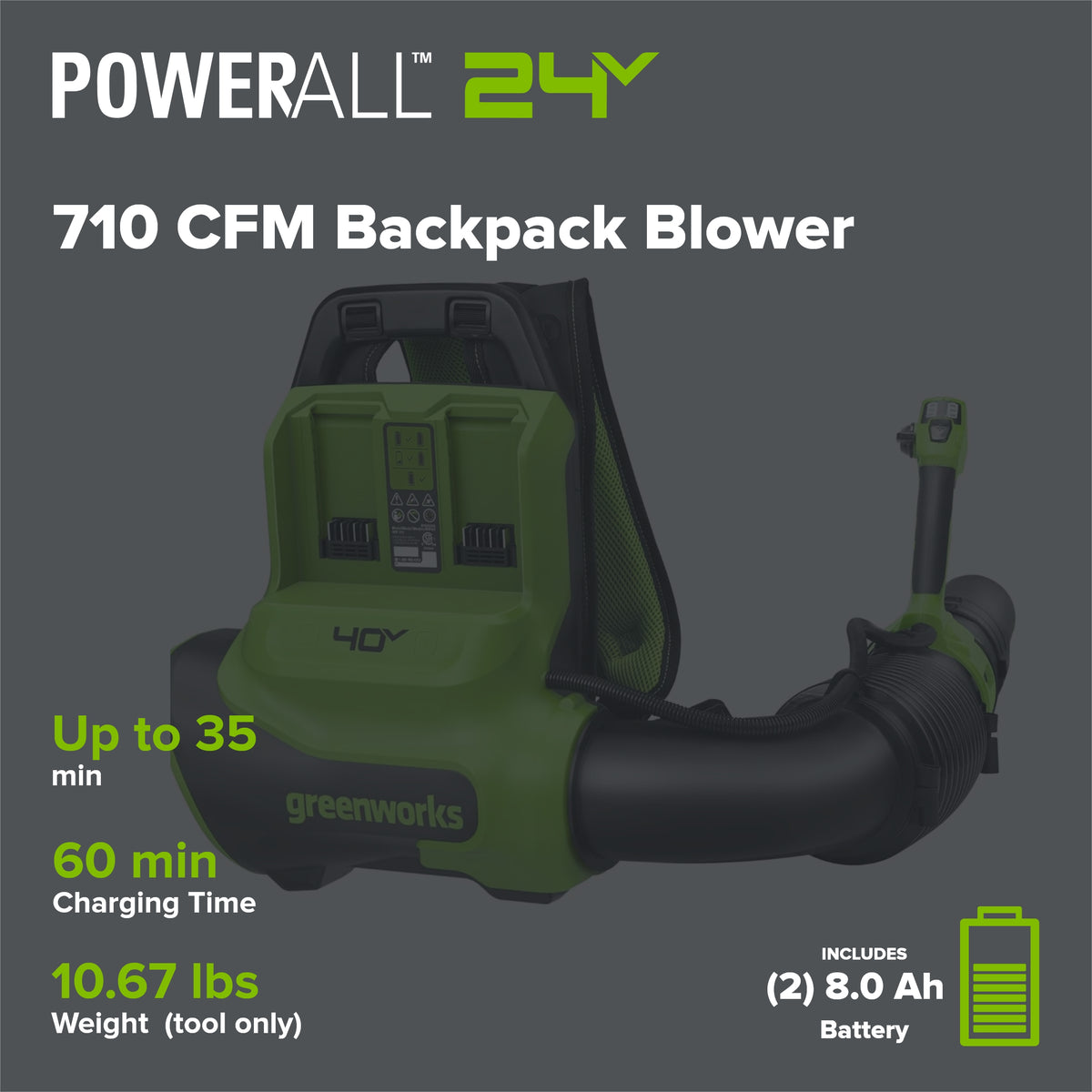 40V 710 CFM Cordless Battery Dual-Port Backpack Blower: (2) 8.0 Ah Battery and Charger