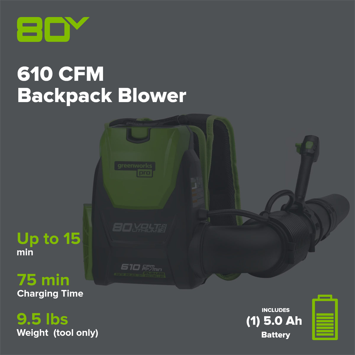 80V 610 CFM Cordless Battery Backpack Blower ,5Ah Battery and Rapid Charger
