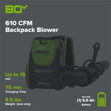80V 610 CFM Cordless Battery Backpack Blower ,5Ah Battery and Rapid Charger