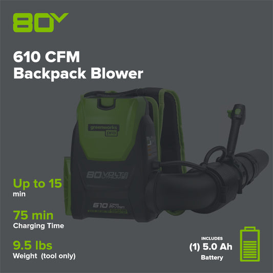 80V 610 CFM Cordless Battery Backpack Blower ,5Ah Battery and Rapid Charger