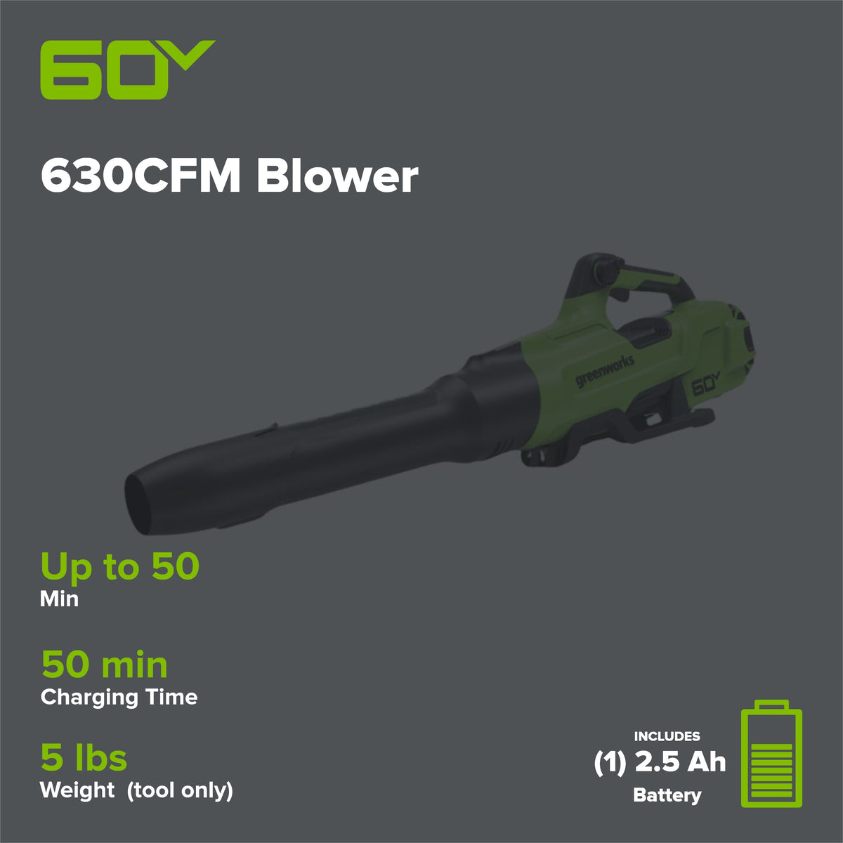 60V 630CFM Cordless Battery Blower: 2.5 Ah Battery and 3A Charger