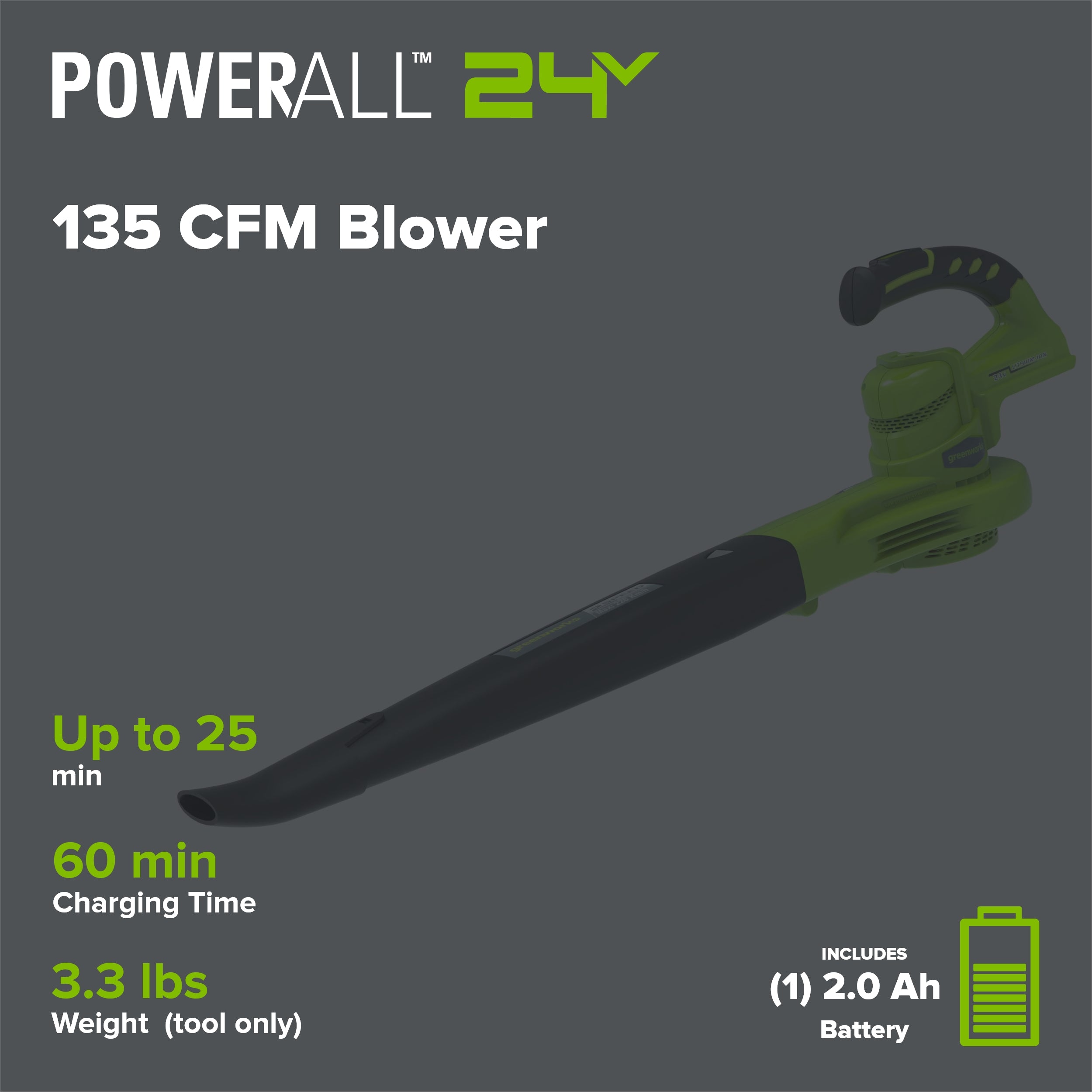 24V Cordless 135 CFM Leaf Blower / Sweeper w/ 2.0 Ah Battery