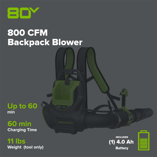 80V 800 CFM Cordless Battery Backpack Blower and Leaf Tarp: 4.0 Ah Battery and Rapid Charger