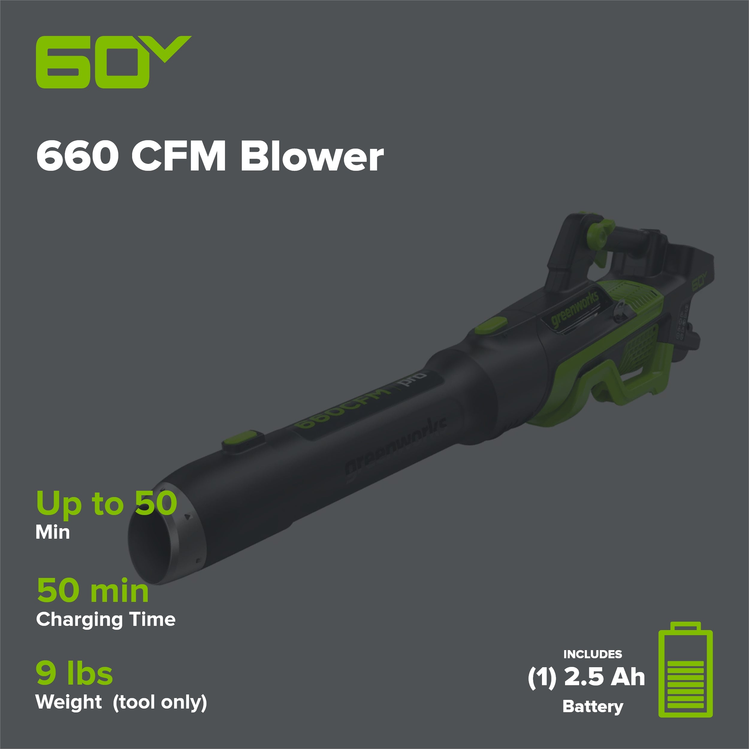 60V 660 CFM Cordless Battery Brushless Leaf Blower: 2.5 Ah Battery and Charger