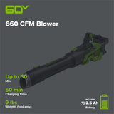 60V 660 CFM Cordless Battery Brushless Leaf Blower: 2.5 Ah Battery and Charger