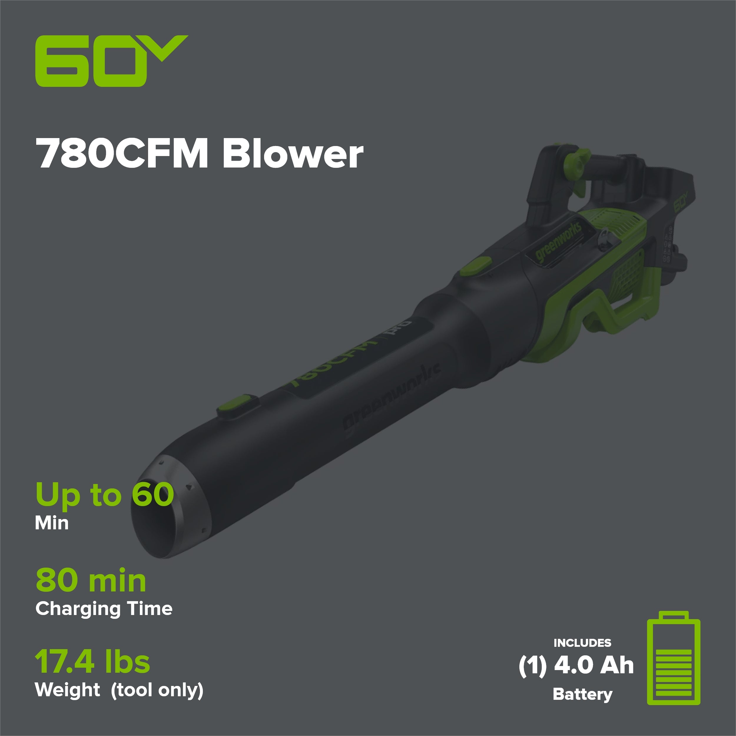 Pro 60V 780CFM Cordless Battery Leaf Blower, 4Ah Battery and Charger
