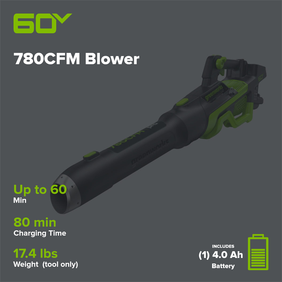 Pro 60V 780CFM Cordless Battery Leaf Blower, 4Ah Battery and Charger