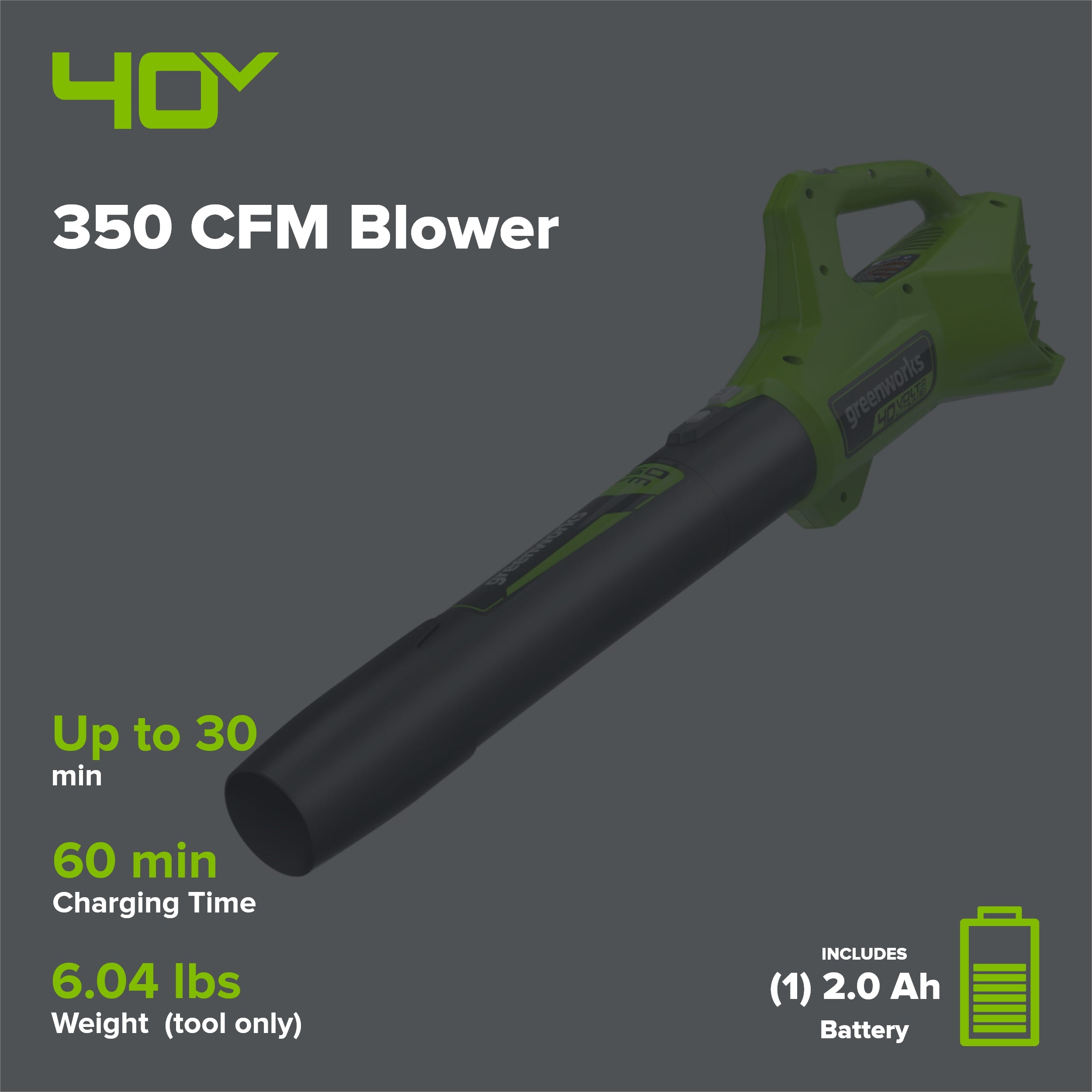 40V 350 CFM Cordless Battery Leaf Blower: 2.0 Ah Battery and Charger