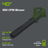 40V 350 CFM Cordless Battery Leaf Blower: 2.0 Ah Battery and Charger