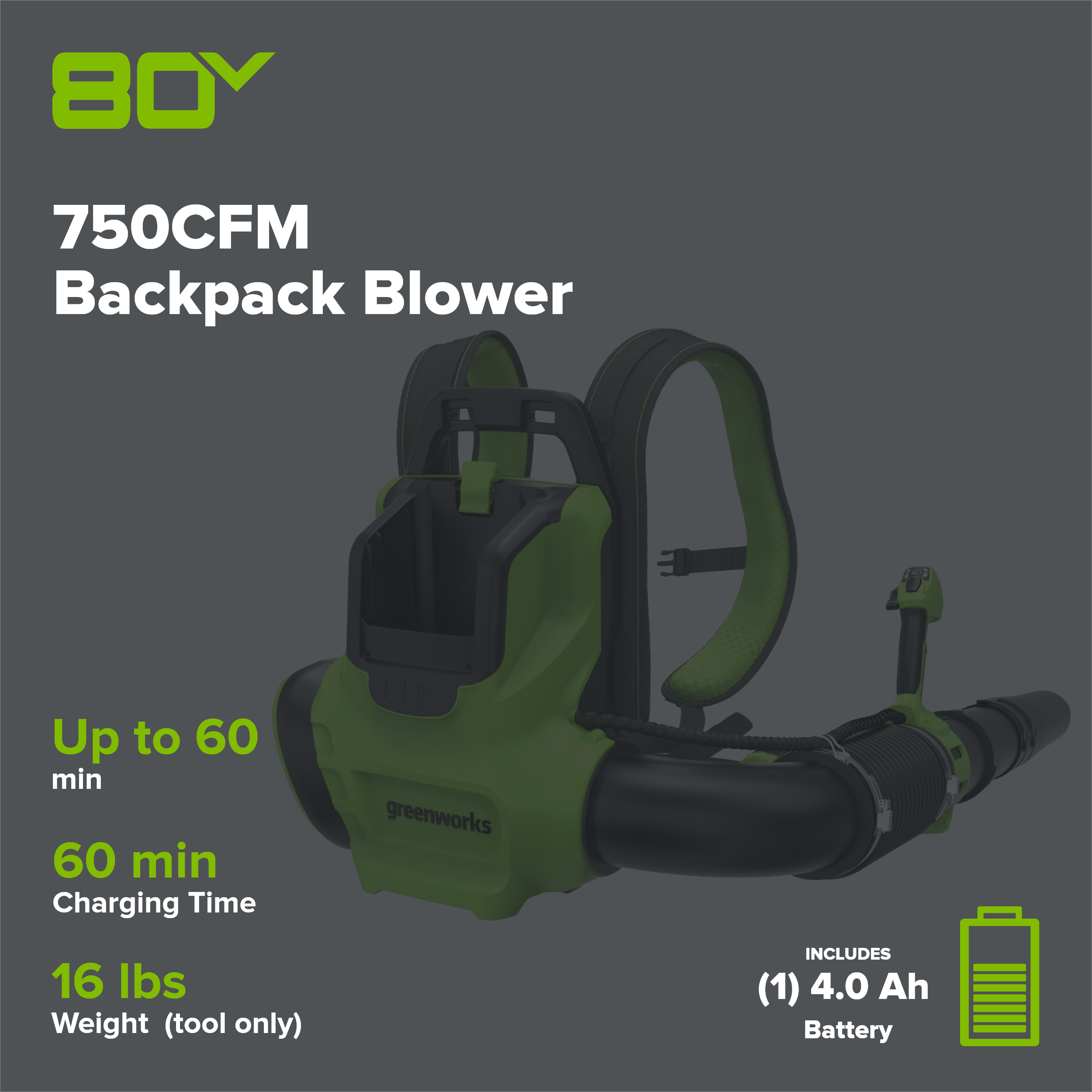 80V 750CFM Cordless Battery Single Port Backpack Blower, 4Ah Battery and Charger