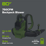 80V 750CFM Cordless Battery Single Port Backpack Blower, 4Ah Battery and Charger