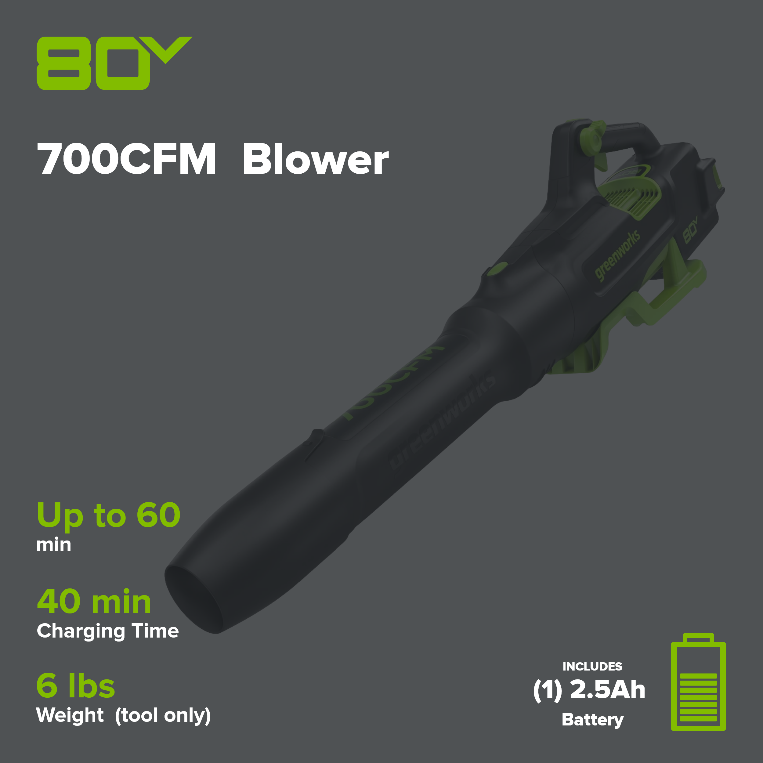 80V 700CFM Cordless Battery Blower w/  2.5Ah Battery & Charger