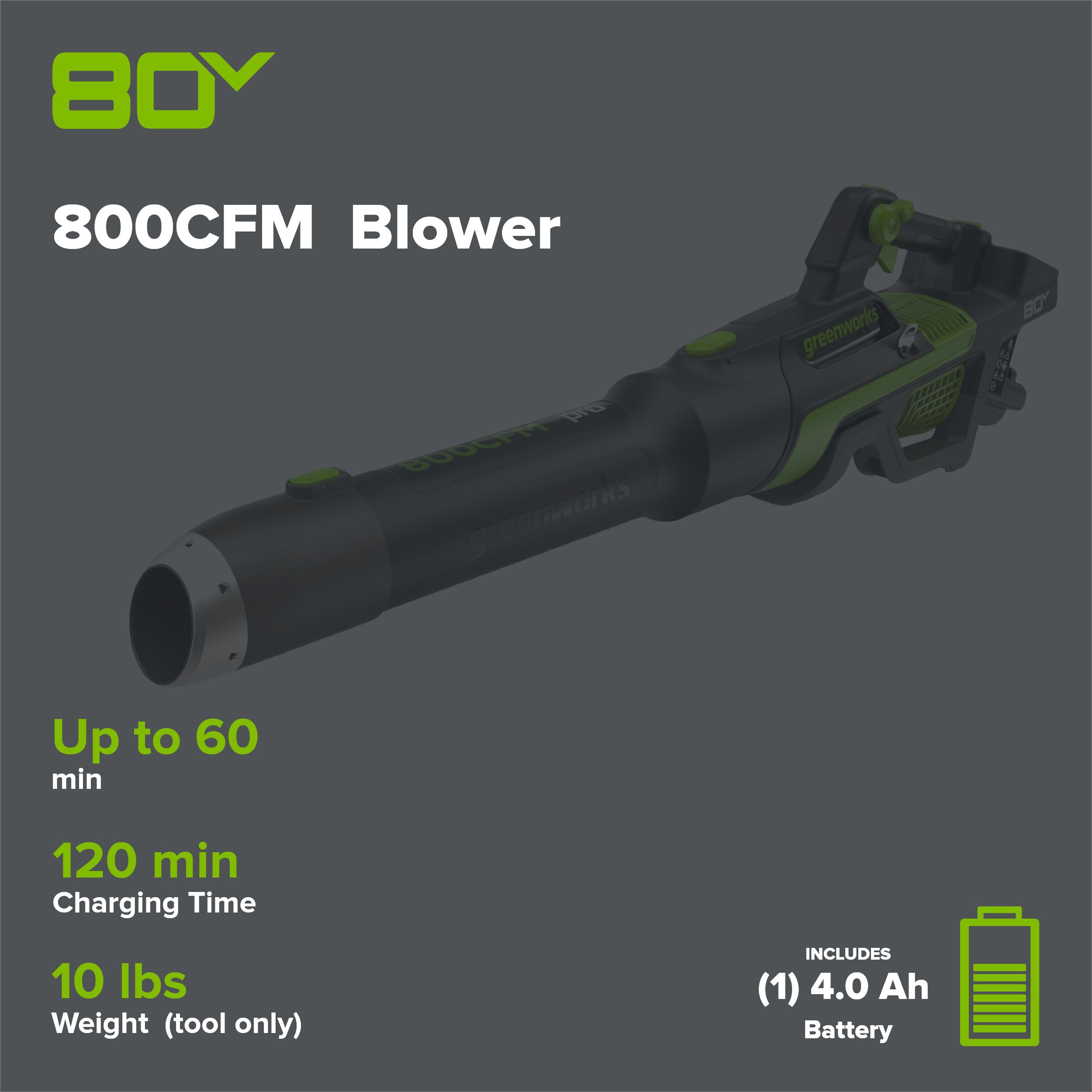 80V 800CFM Cordless Battery Leaf Blower, 4Ah Battery and Charger