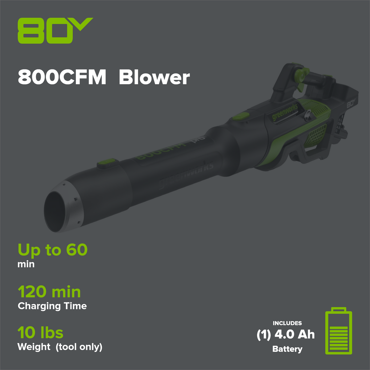 80V 800CFM Cordless Battery Leaf Blower, 4Ah Battery and Charger