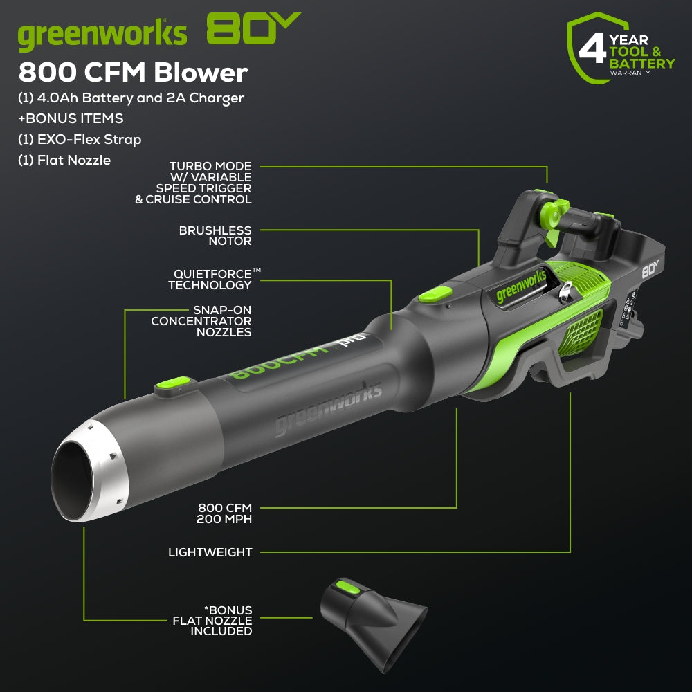 80V 800CFM Cordless Battery Leaf Blower, 4Ah Battery and Charger