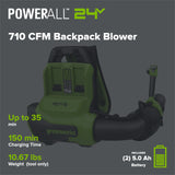 40V 710 CFM Cordless Battery Dual-Port Backpack Blower: (2) 5.0Ah Battery and Charger