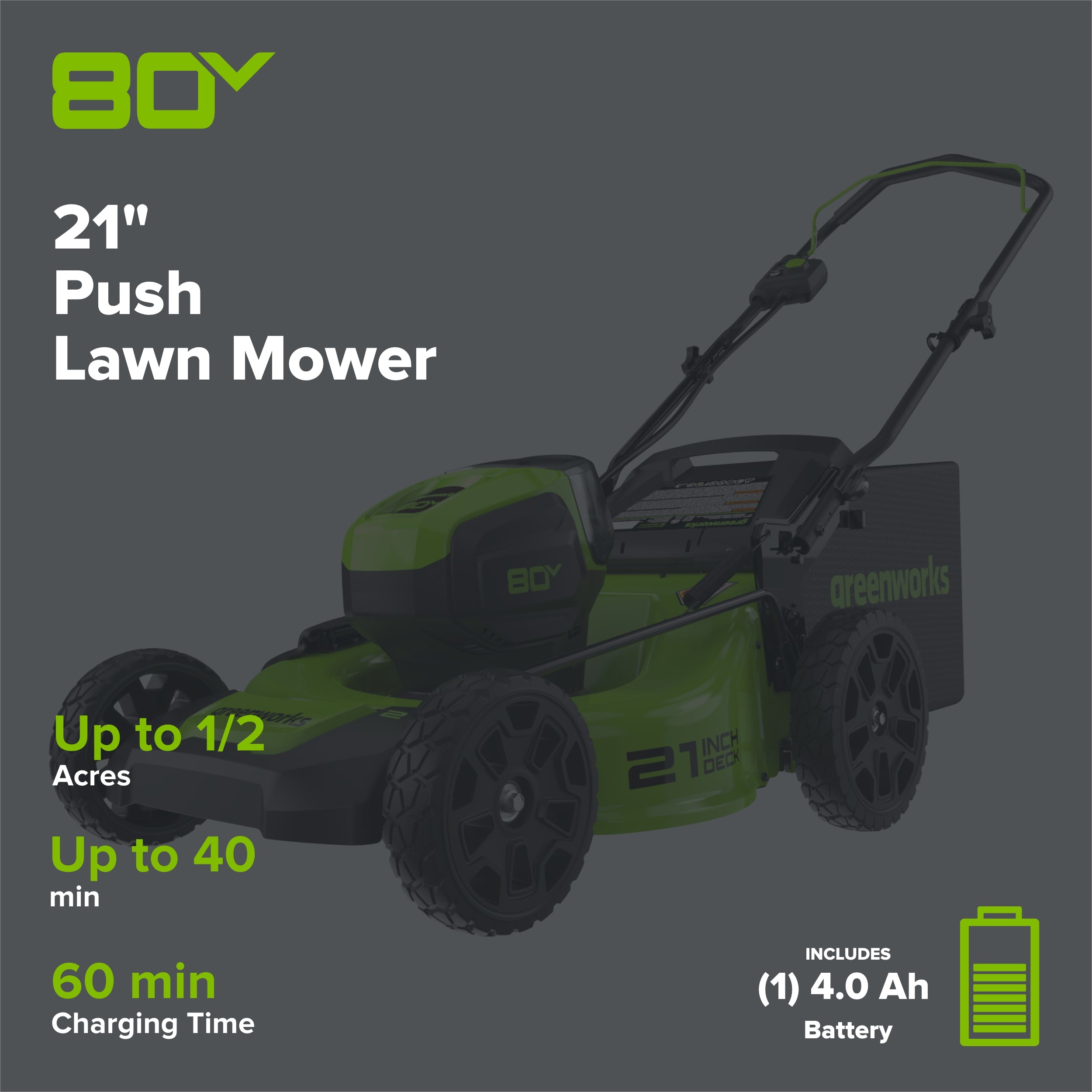 80V 21" Brushless 3-in-1 Push Lawn Mower: 4.0 Ah Battery and Charger, LM2138