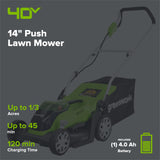 40V 14" Cordless Battery Push Lawn Mower: 4.0 Ah Battery and Charger, LM1404