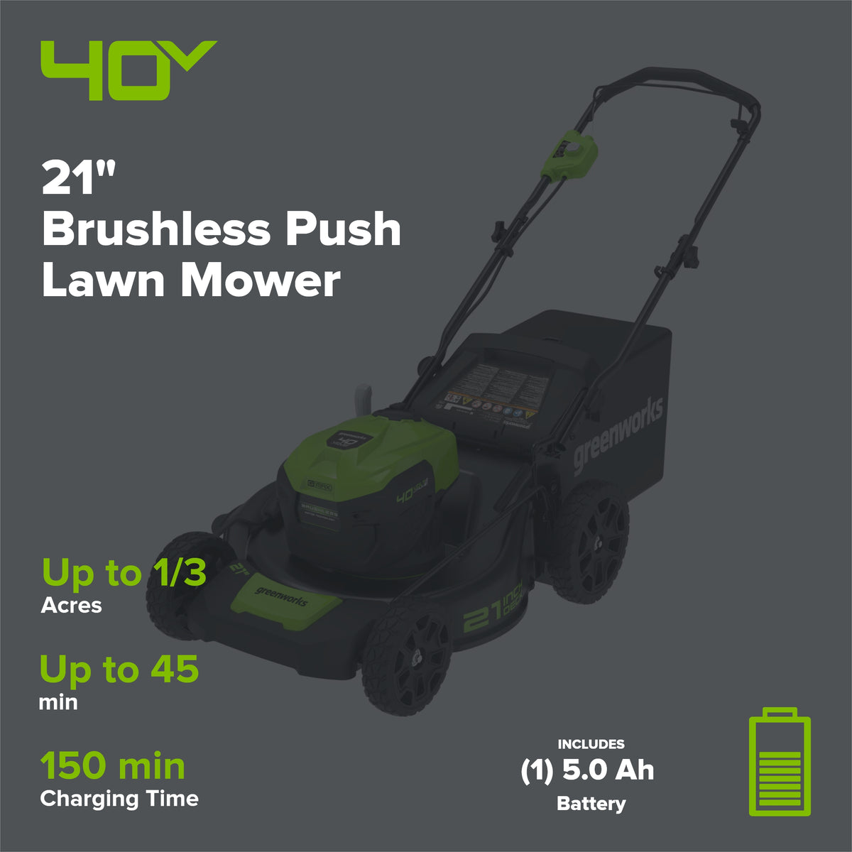 40V 21" Cordless Battery Brushless Push Lawn Mower: 5.0 Ah USB Battery and Charger, LM2104