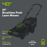 40V 21" Cordless Battery Brushless Push Lawn Mower: 5.0 Ah USB Battery and Charger, LM2104