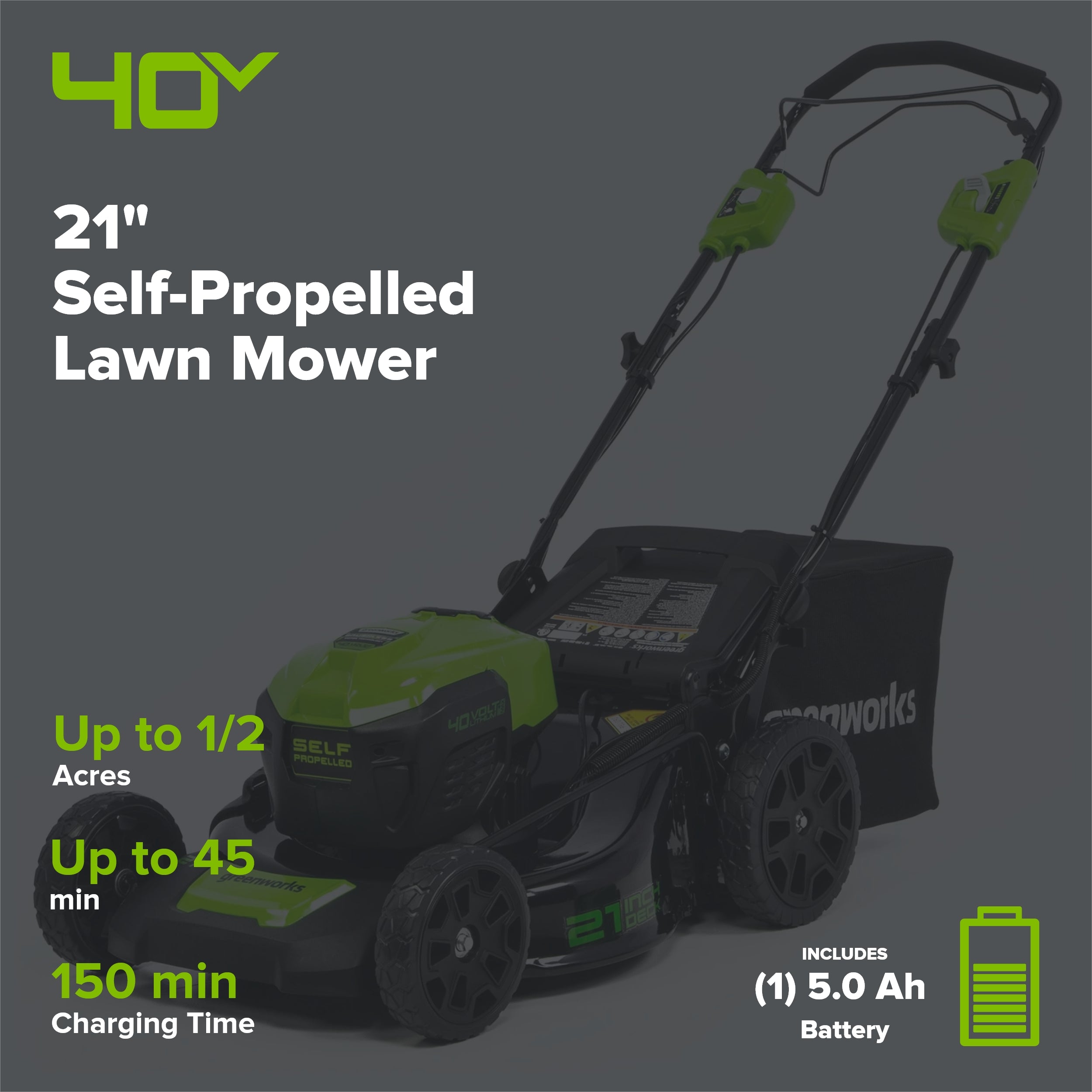 OPEN BOX 40V 21" Cordless Battery Self-Propelled Lawn Mower 3PC Combo Kit, (1) 5.0Ah Battery: (1) 2.0 Ah Battery and (2) Chargers