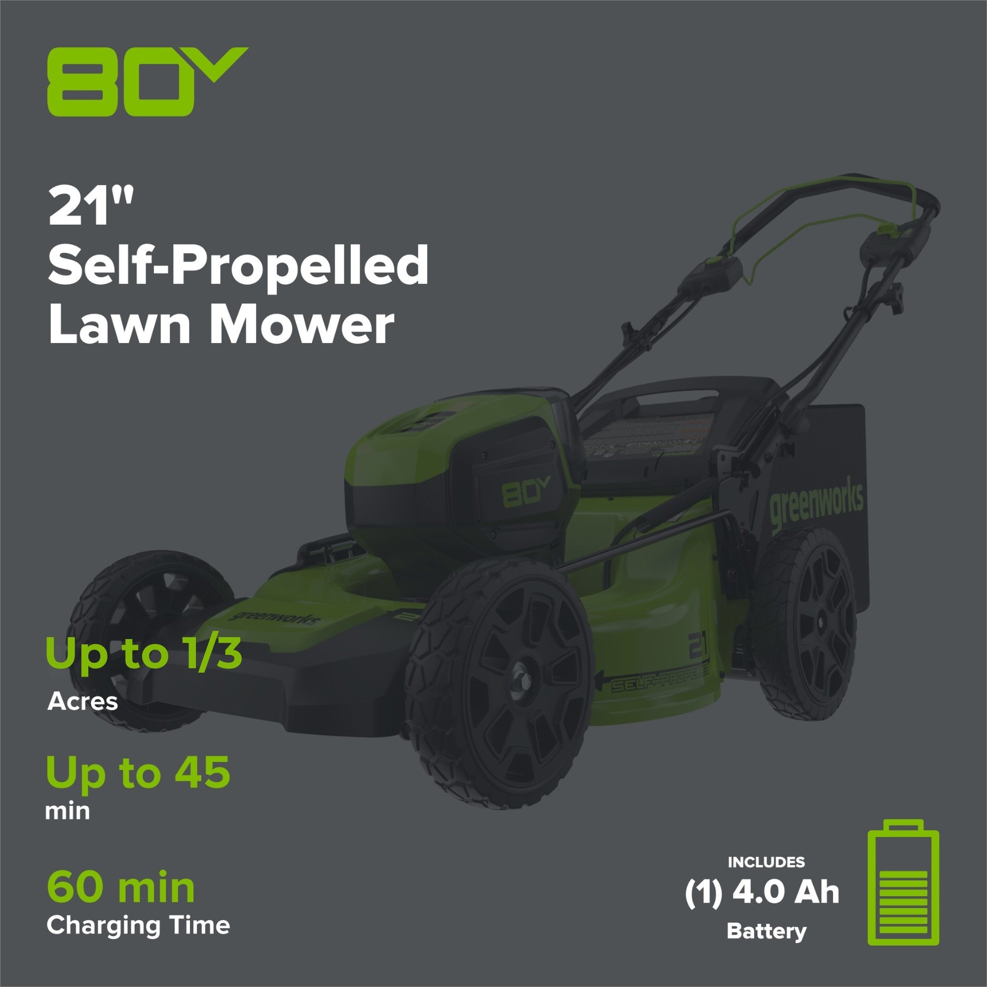 80V 21" Cordless Battery 3-in-1 Self-Propelled Lawn Mower w/ 4.0Ah Battery & Charger, LM2138S