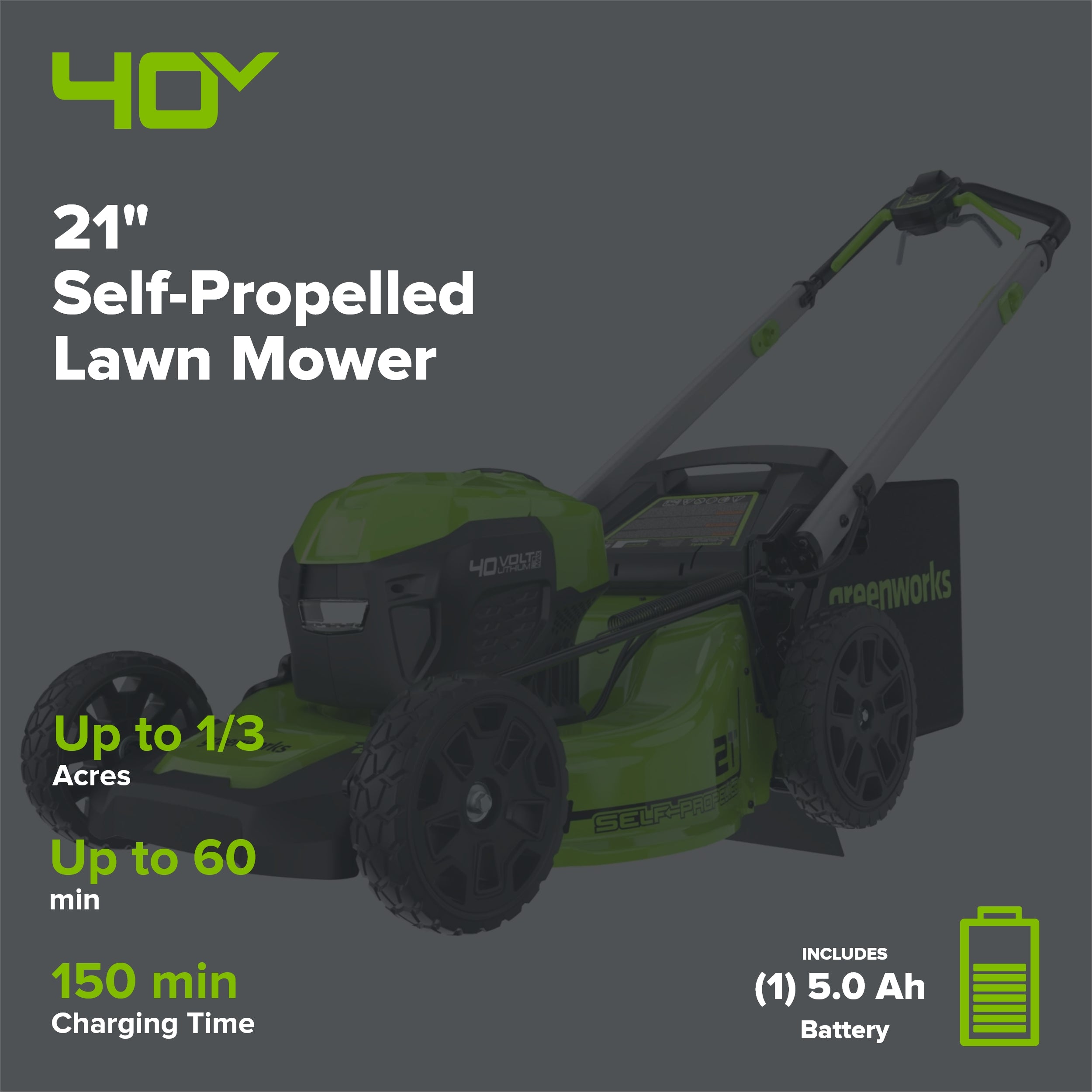 40V 21" Cordless Battery Self-Propelled Lawn Mower: 5.0Ah Battery and Charger, LM2154S