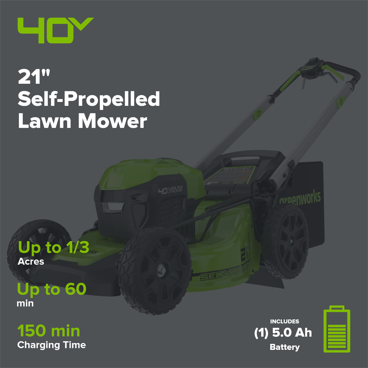 40V 21" Cordless Battery Self-Propelled Lawn Mower: 5.0Ah Battery and Charger, LM2154S