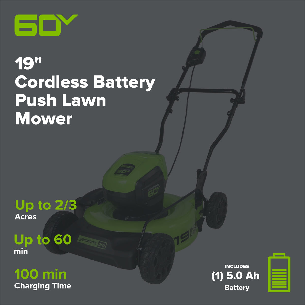 60V 19" Cordless Battery Push Lawn Mower w/ 5.0Ah Battery & Charger, LM1906