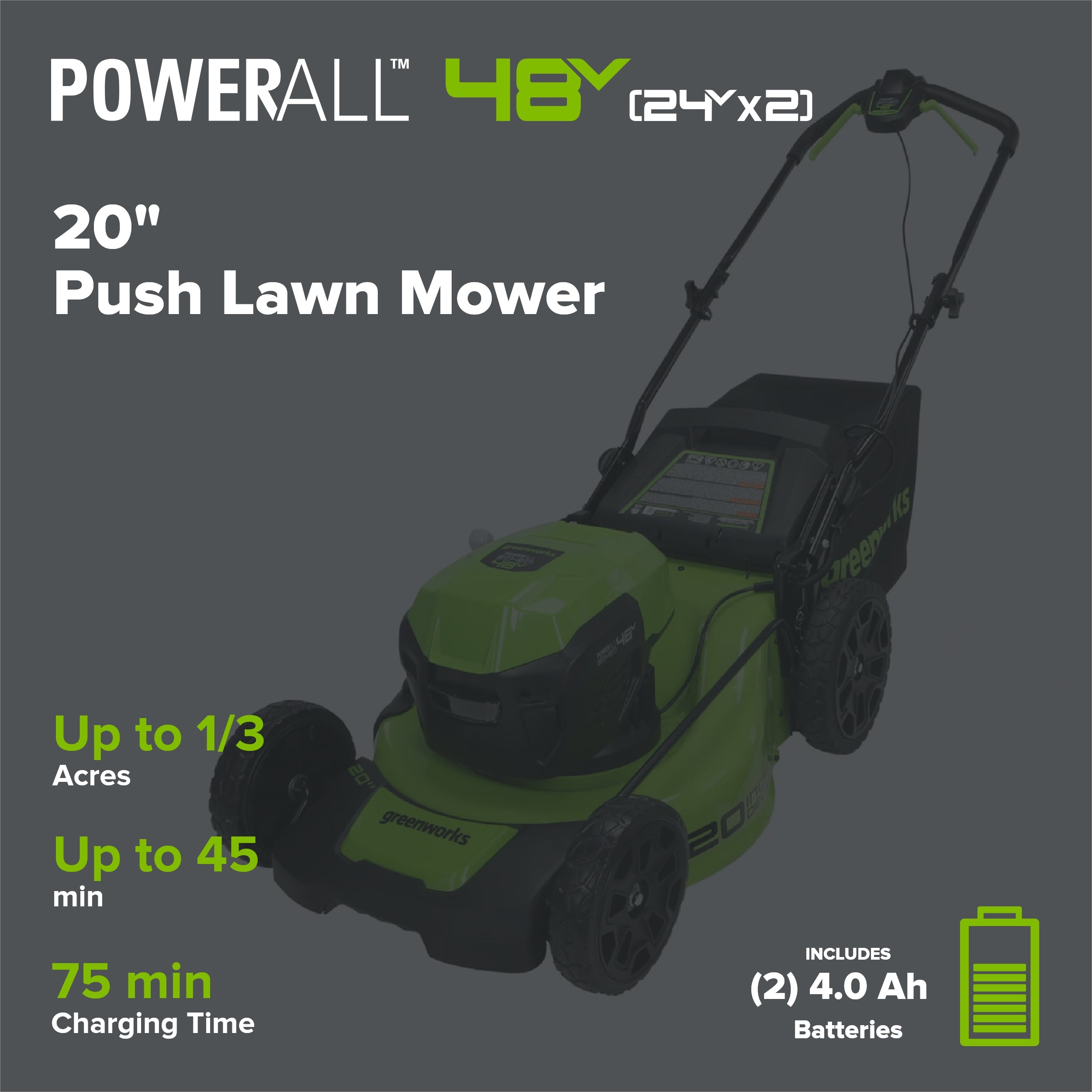 48V (24V x 2) 20" Cordless Battery Push Mower 3pc Combo Kit: (2) 4.0 Ah Batteries and Dual-Port Chargers