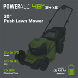 48V (24V x 2) 20" Cordless Battery Push Mower 3pc Combo Kit: (2) 4.0 Ah Batteries and Dual-Port Chargers