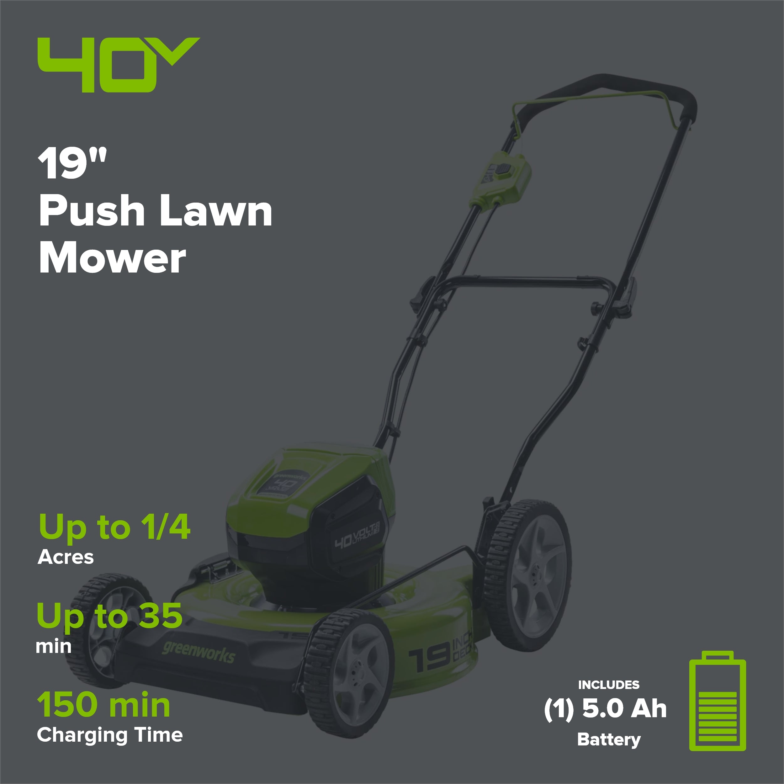 40V 19" Cordless Battery Push Lawn Mower: 5.0 Ah Battery and Charger, LM1934