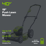 40V 19" Cordless Battery Push Lawn Mower: 5.0 Ah Battery and Charger, LM1934