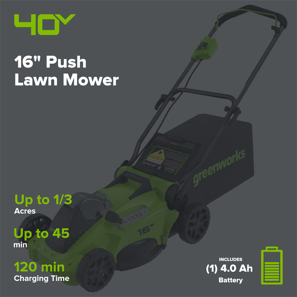 40V 16" Cordless Battery Brushless Push Lawn Mower: 4.0 Ah Battery and Charger, LM1624