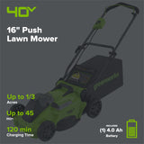 40V 16" Cordless Battery Brushless Push Lawn Mower: 4.0 Ah Battery and Charger, LM1624