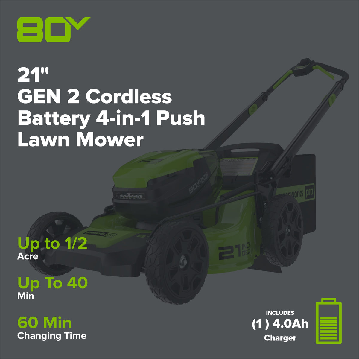 80V 21" GEN 2 Cordless Battery 4-in-1 Push Lawn Mower (Auto Switch): 4.0 Ah Battery and Charger, LM2118